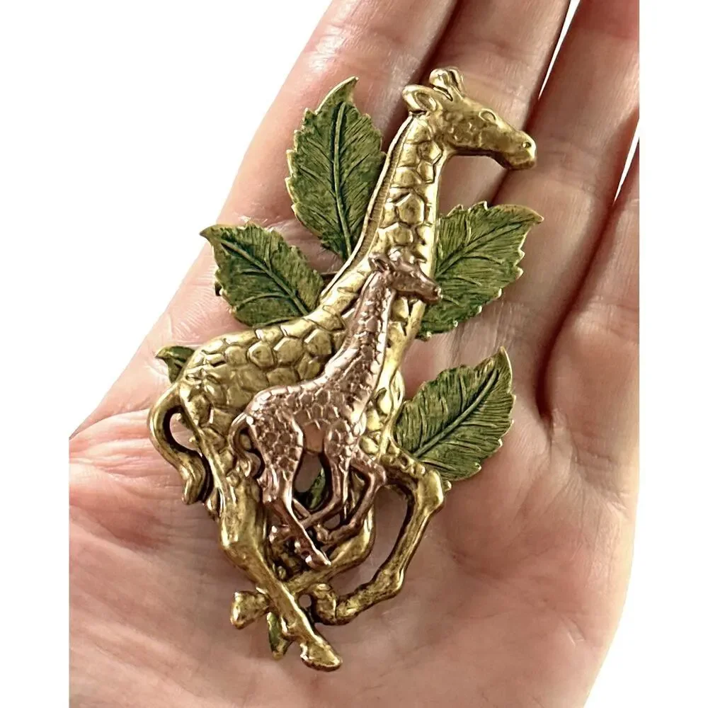 Vintage Giraffe Brooch Pin Mother Baby Safari Gold Tone Green Enamel 3”